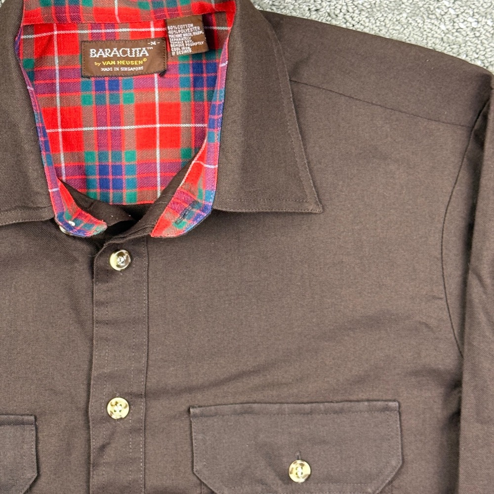 Baracuta Button Down Shirt Mens M Brown Plaid Lined Collar Flap Pocket Vintage